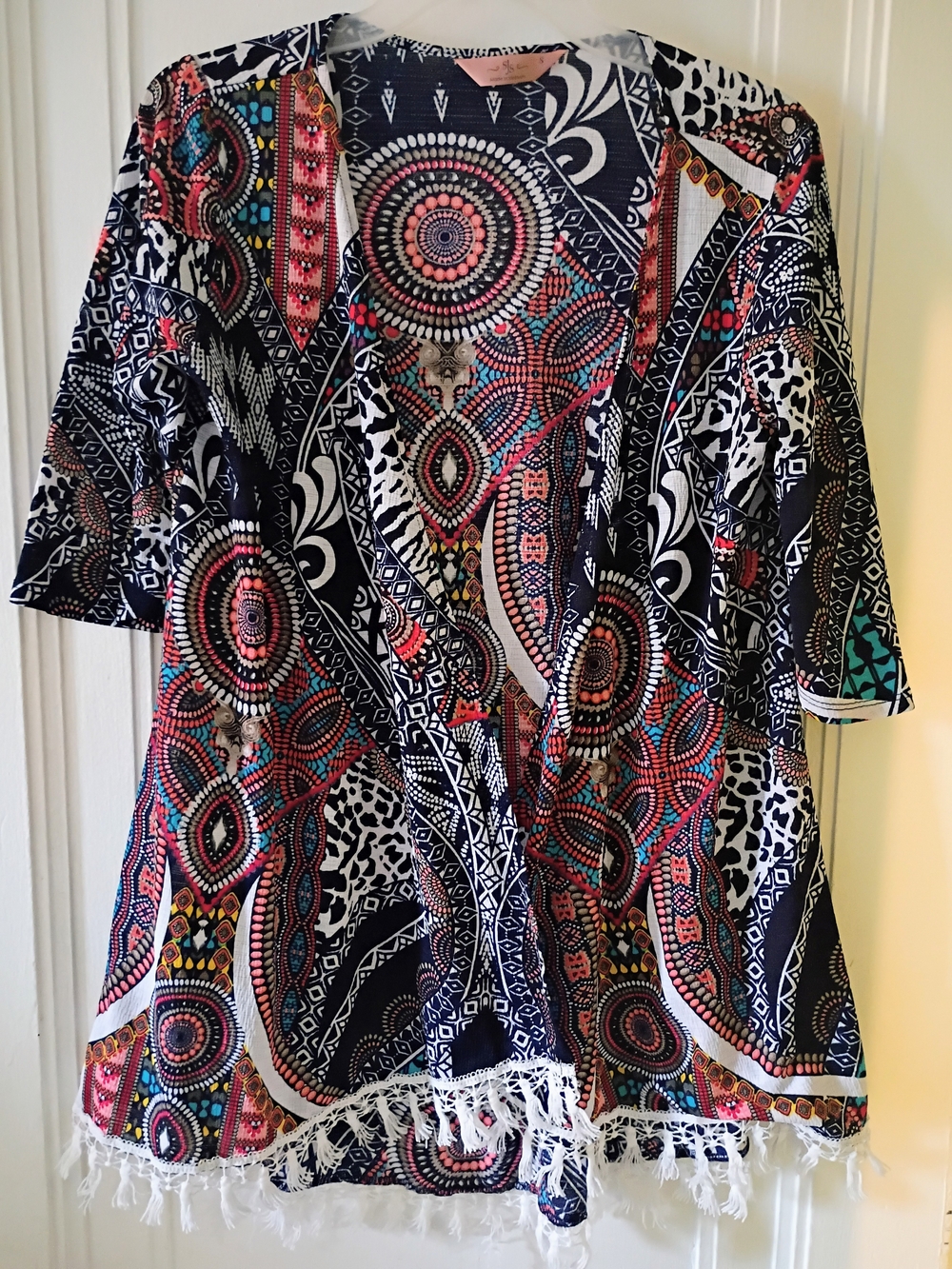 Open Front Geometrical Print Cardigan Blue and red color